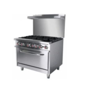 Cocina industrial con horno y seis quemadores